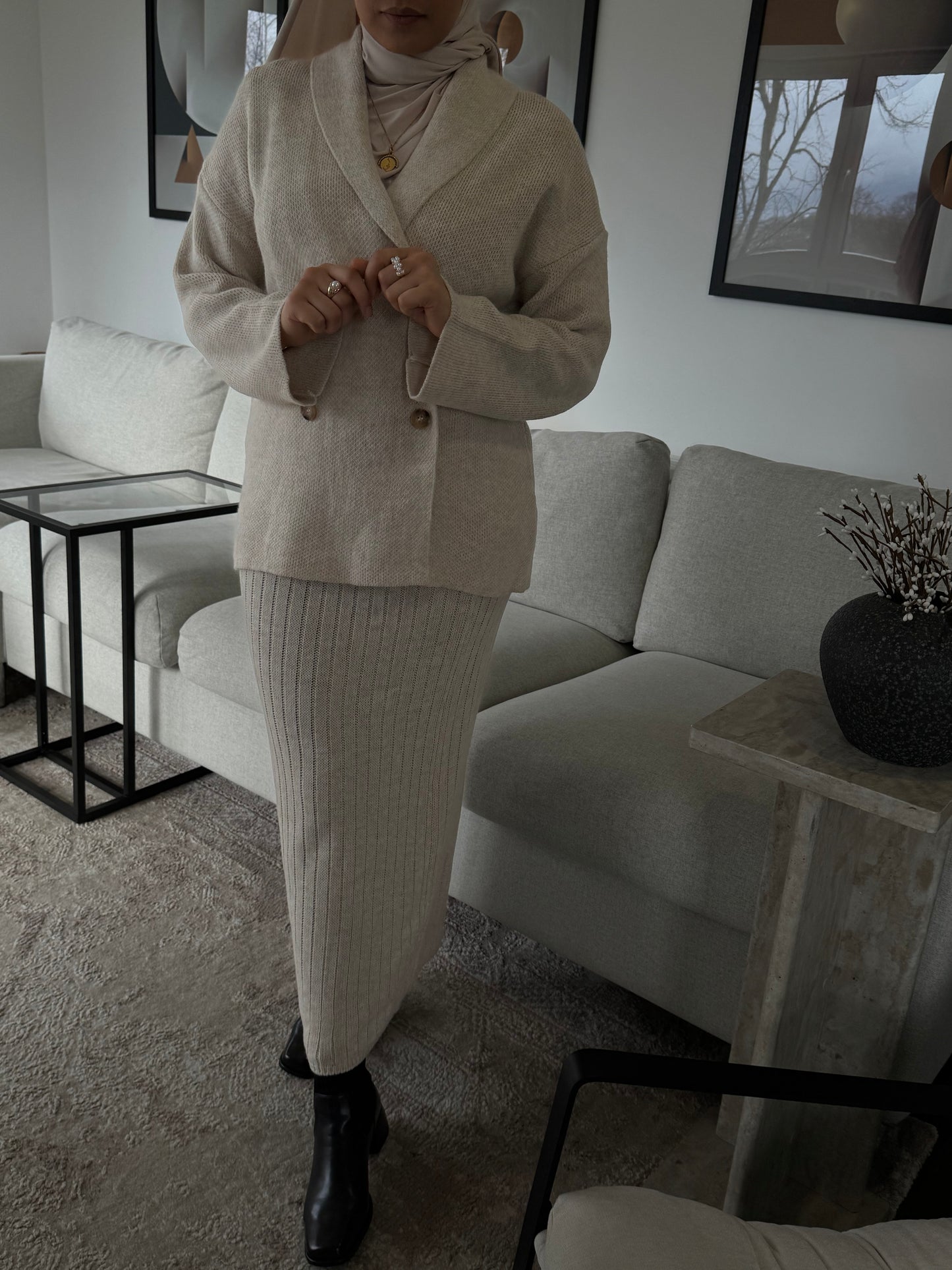 Knitted Blazer & Skirt Set Cream