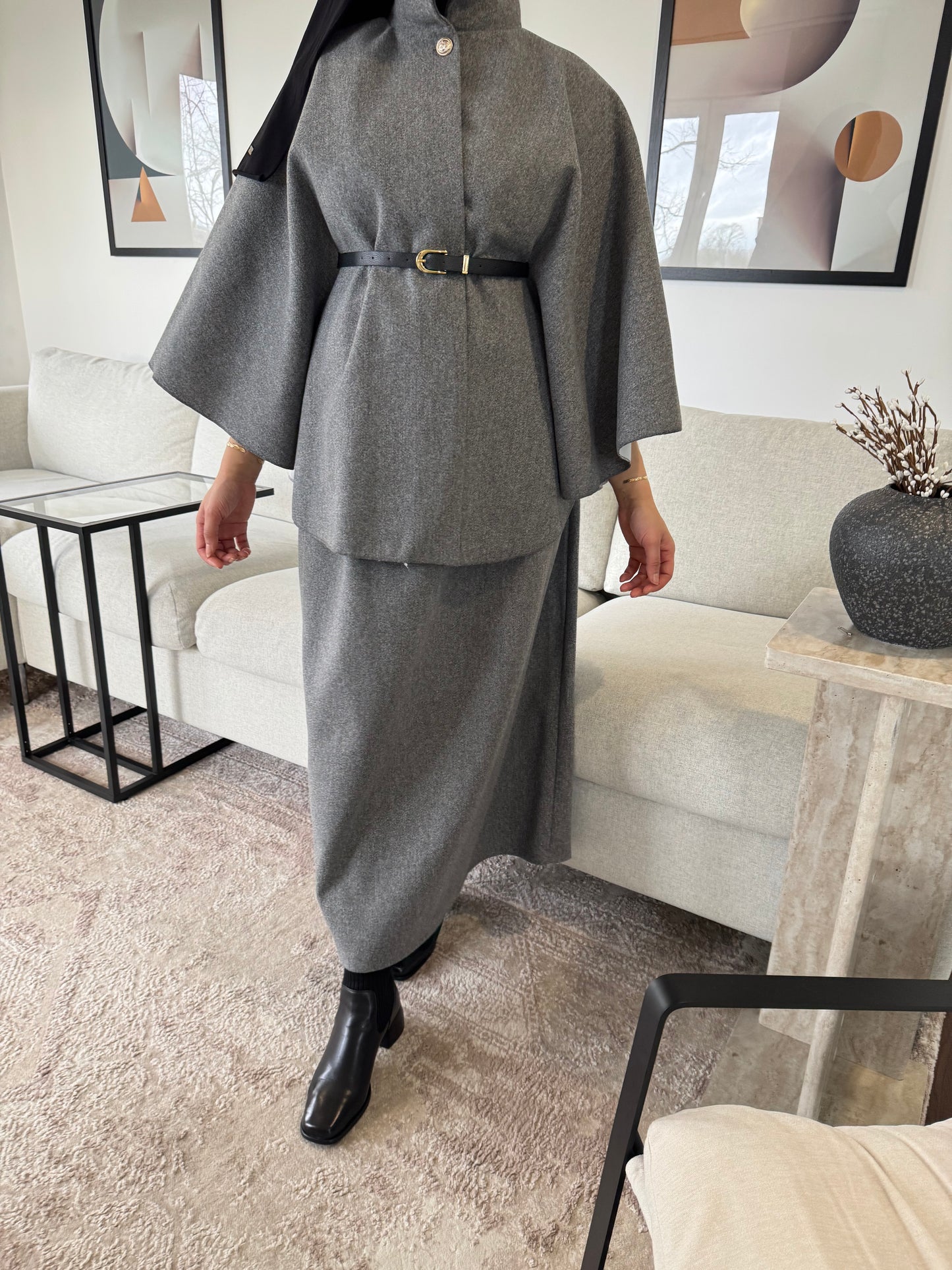 Belted Cape With Skirt Grey