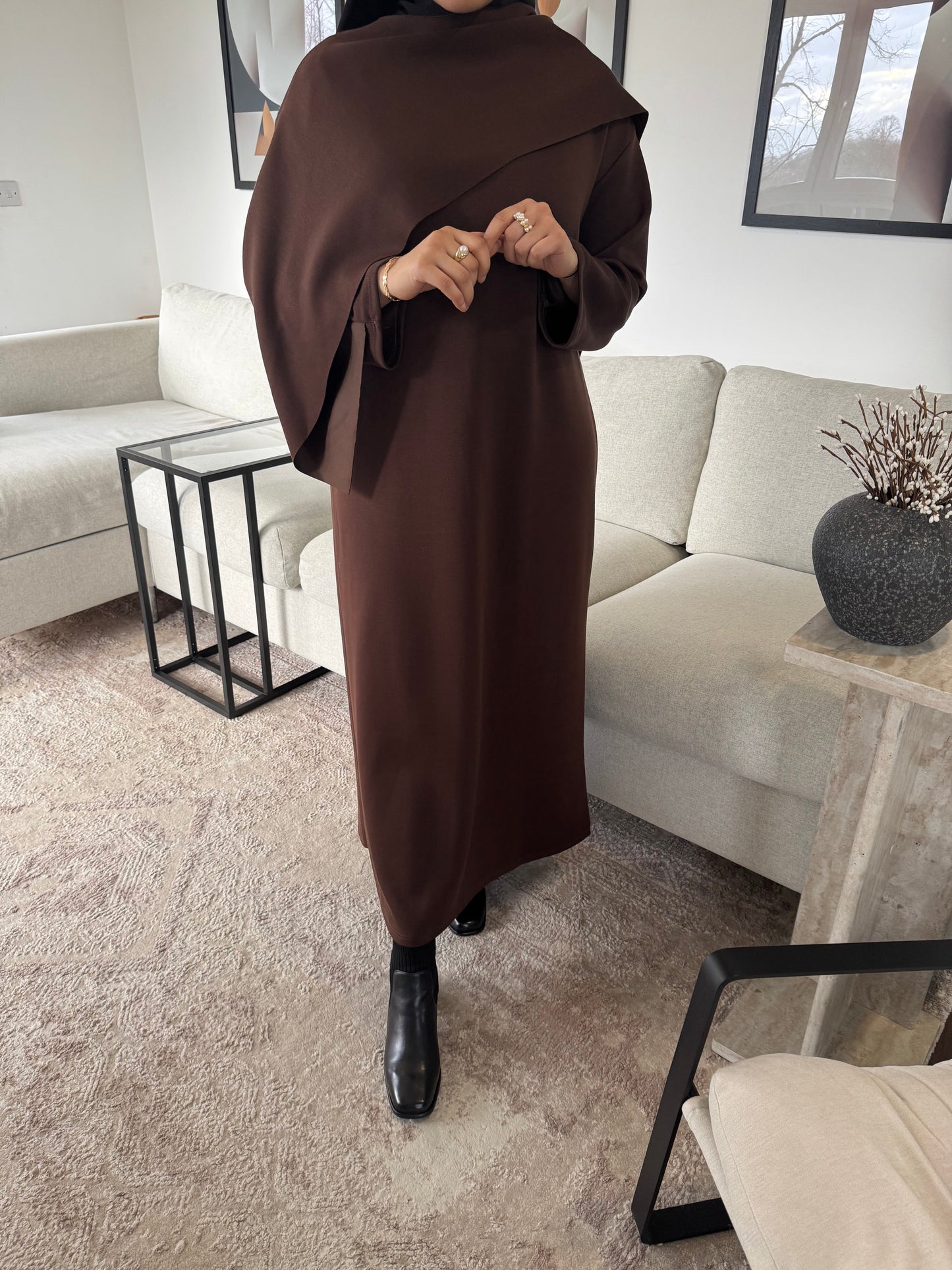 Attached Scarf Abaya Brown